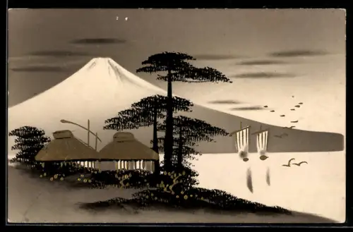 Künstler-AK Handgemalt: Uferpartie mit Hütte, Segelboot und Bergpanorama, Schablonenmalerei