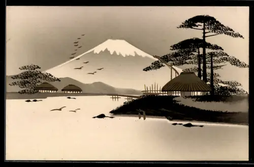 Künstler-AK Handgemalt: Uferpartie mit Hütte, Segelboot und Bergpanorama, Schablonenmalerei