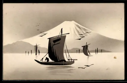 Künstler-AK Handgemalt: Segelboote vor Bergpanorama, Schablonenmalerei