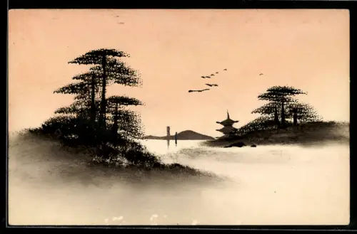 Künstler-AK Handgemalt: Uferpartie mit Pagode und Vögeln darüber, Schablonenmalerei