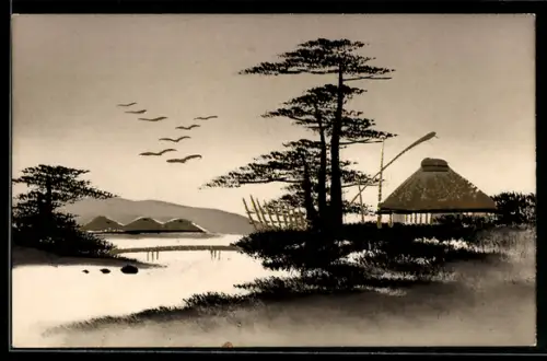 Künstler-AK Handgemalt: Uferpartie mit Hütte, Segelboot, Schablonenmalerei