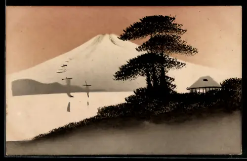 Künstler-AK Handgemalt: Uferpartie mit Hütte, Segelboot und Bergpanorama, Schablonenmalerei