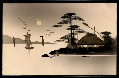 Künstler-AK Handgemalt: Uferpartie mit Hütte, Segelboot bei Nacht, Schablonenmalerei