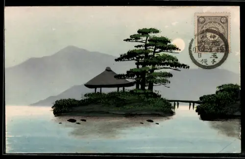 Künstler-AK Handgemalt: Uferpartie mit Hütte und Bergpanorama bei Nacht, Schablonenmalerei