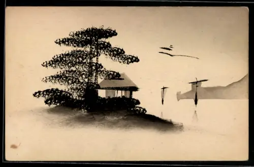 Künstler-AK Handgemalt: Uferpartie mit Hütte und Segelbooten, Schablonenmalerei