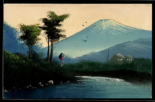 Künstler-AK Handgemalt: Uferpartie mit Hütten, kleinem Wasserfall und Bergpanorama, Schablonenmalerei