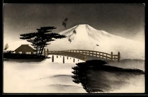 Künstler-AK Handgemalt: Uferpartie mit Hütte, Brücke und Bergpanorama, Schablonenmalerei