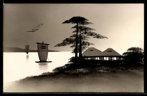 Künstler-AK Handgemalt: Uferpartie mit Hütte und Segelbooten, Schablonenmalerei