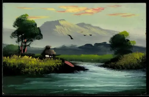 Künstler-AK Handgemalt: Hütte am Wasser mit Bergpanorama, Schablonenmalerei