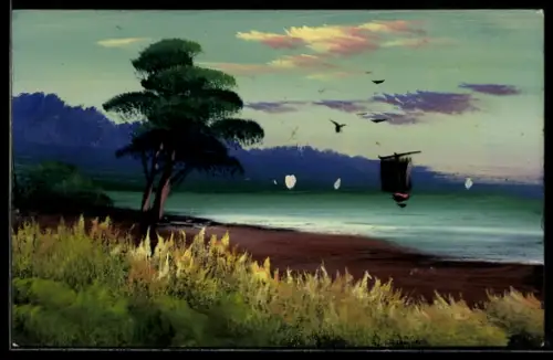Künstler-AK Handgemalt: Uferpartie mit Segelboot, Schablonenmalerei