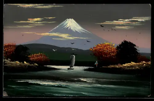 Künstler-AK Handgemalt: Uferpartie mit Person, Segelboot und Bergpanorama, Schablonenmalerei