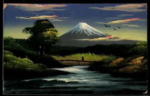 Künstler-AK Handgemalt: Person auf einer Brücke über einem Fluss, Bergpanorama, Schablonenmalerei