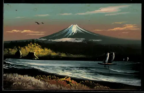 Künstler-AK Handgemalt: Uferpartie mit Hütte, Segelboot und Bergpanorama, Schablonenmalerei