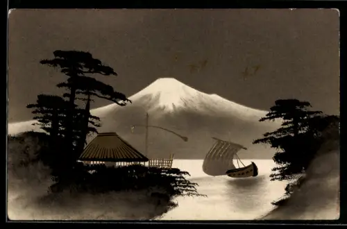 Künstler-AK Handgemalt: Uferpartie mit Hütte, Segelboot und Bergpanorama, Schablonenmalerei