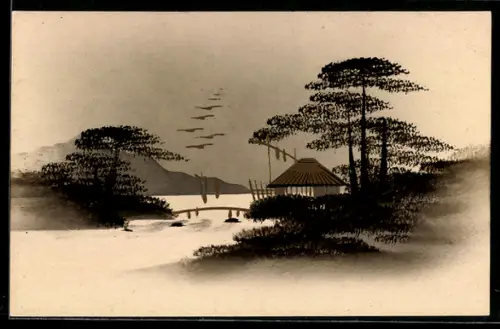 Künstler-AK Handgemalt: Uferpartie mit Hütte, Segelboot und Brücke, Schablonenmalerei