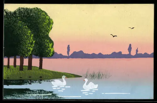 Künstler-AK Handgemalt: Uferpartie mit Schwänen, Schablonenmalerei