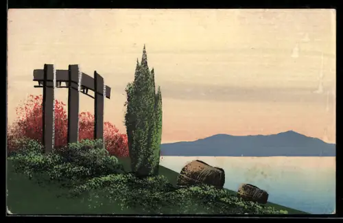 Künstler-AK Handgemalt: Uferpartie mit Grünanlagen, Heuballen und Gebirge in der Ferne, Schablonenmalerei