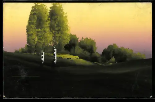 Künstler-AK Handgemalt: Idyllische Partie am Waldrand mit Birken, Schablonenmalerei