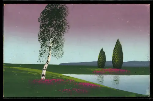 Künstler-AK Handgemalt: Uferpartie mit einsamer Birke, Schablonenmalerei