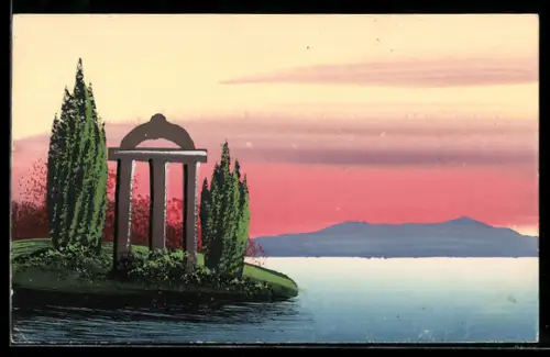 Künstler-AK Handgemalt: Uferpartie mit Portal und Gebirge in der Ferne, Schablonenmalerei