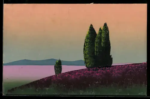 Künstler-AK Handgemalt: Uferpartie mit Bäumen und Blumen in intensiven Farben, Schablonenmalerei