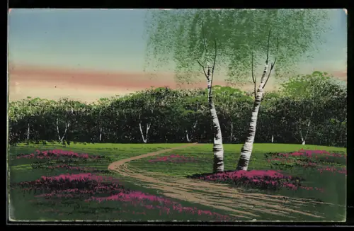 Künstler-AK Handgemalt: Partie mit Birken am Waldrand, Schablonenmalerei