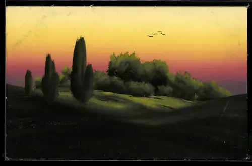 Künstler-AK Handgemalt: Partie am Waldrand während der Dämmerung, Schablonenmalerei