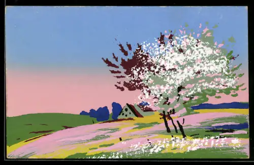 Künstler-AK Handgemalt: Landschaftspartie, Schablonenmalerei