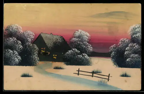 Künstler-AK Handgemalt: Einsame Hütte mit beleuchteten Fenstern, Schablonenmalerei