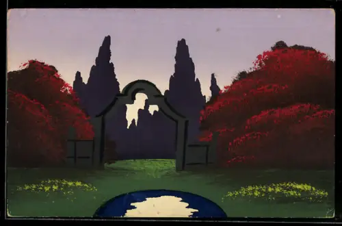 Künstler-AK Handgemalt: Portal im Wald mit einem Teich, Schablonenmalerei