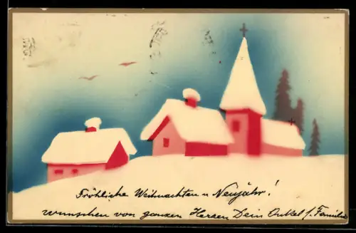 Künstler-AK Handgemalt: Verschneite Ortsansicht mit Kirche, Schablonenmalerei