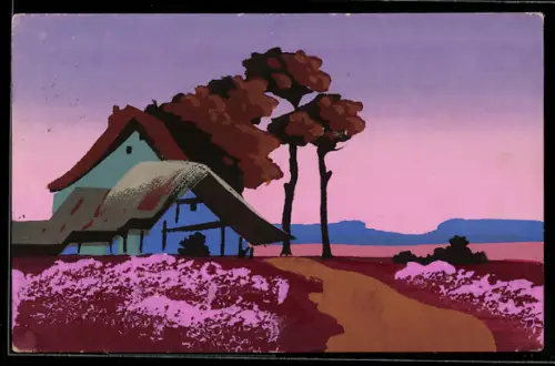 Künstler-AK Handgemalt: Hütte mit anliegenden Grünanlagen, Schablonenmalerei