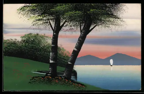 Künstler-AK Handgemalt: Uferpartie mit zwei Bäumen und Segelboot, Schablonenmalerei