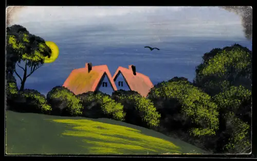 Künstler-AK Handgemalt: Zwei Häuser, halb hinter Büschen verborgen, Schablonenmalerei