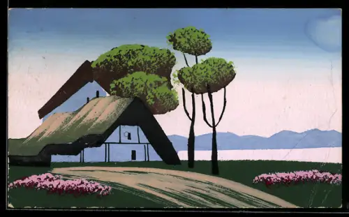 Künstler-AK Handgemalt: Hütte mit anliegenden Bäumen und Blumenwiesen, Schablonenmalerei