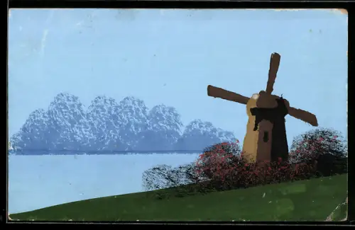 Künstler-AK Handgemalt: Uferpartie mit Windmühle, Schablonenmalerei