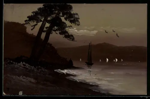 Künstler-AK Handgemalt: Uferpartie mit Segelbooten und darüber fliegenden Vögeln, Schablonenmalerei
