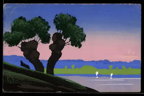 Künstler-AK Handgemalt: Uferpartie mit Bäumen und Seegelbooten in der Ferne, Schablonenmalerei