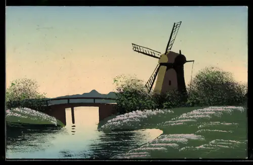 Künstler-AK Handgemalt: Uferpartie mit Mühle und Brücke, Schablonenmalerei