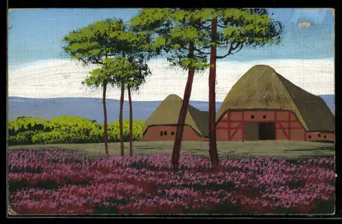 Künstler-AK Handgemalt: Hütte und Scheune, Schablonenmalerei