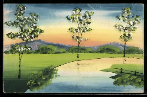 Künstler-AK Handgemalt: Flusspartie mit Gebirgspanorama, Schablonenmalerei