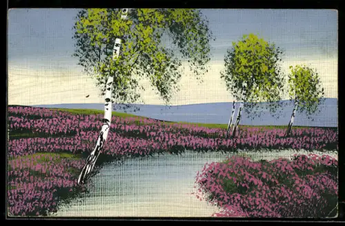 Künstler-AK Handgemalt: Flusspartie mit Birken, Schablonenmalerei