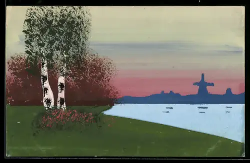 Künstler-AK Handgemalt: Birken an einem Ufer mit Windmühle in der Ferne, Schablonenmalerei