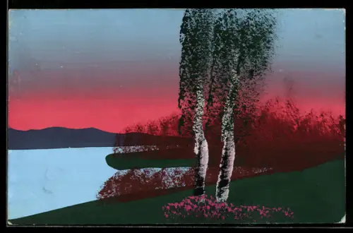 Künstler-AK Handgemalt: Uferpartie mit zwei Birken, Schablonenmalerei