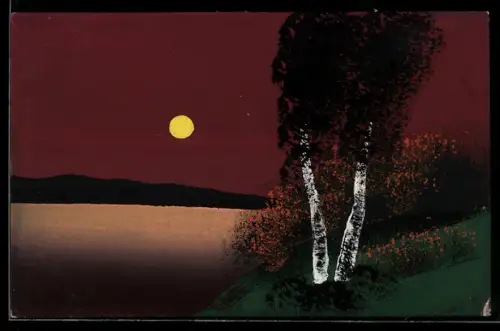Künstler-AK Handgemalt: Uferpartie mit zwei Birken in der Nacht, Schablonenmalerei