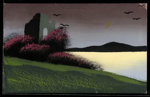 Künstler-AK Handgemalt: Uferpartie mit Turmruine bei Nacht, Schablonenmalerei