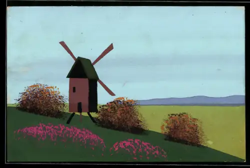 Künstler-AK Handgemalt: Mühle auf einem Hügel mit Blick ins Tal, Schablonenmalerei