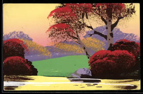 Künstler-AK Handgemalt: Uferpartie mit Birken in intensiven Farben, Schablonenmalerei