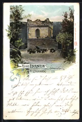 AK Blankenburg, Wildschweine vor der Ruine Eberstein