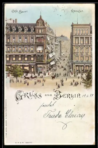 Lithographie Berlin, Cafe Bauer und Kranzler m. beleuchteten Fenstern, Halt-gegen-das-Licht, Halt gegen das Licht